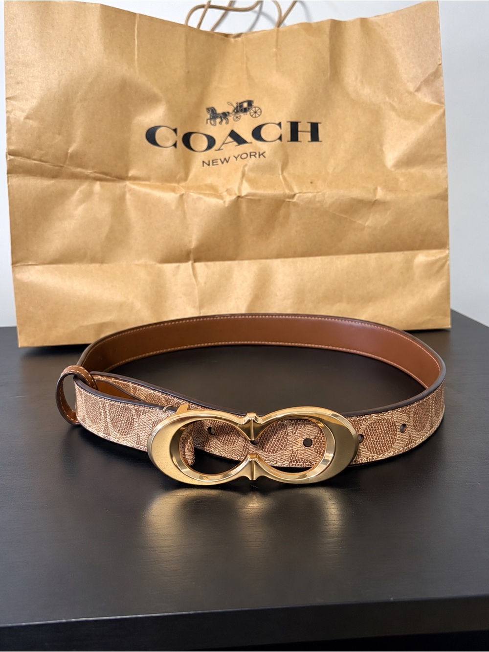 Coach Brown Signature Canvas Belt with Gold Interlocking Buckle